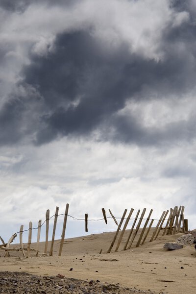 South Shields, Tyne And Wear, England. Broken Fence In Dune