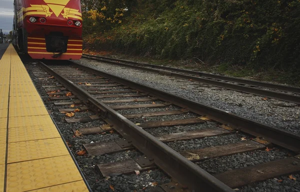 Tren en las vías por una plataforma — Foto de Stock