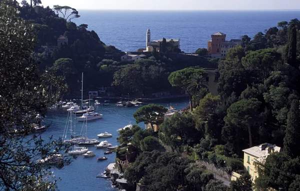 Portofino, italien. Segelboote in einem kleinen, mediterranen Hafen — Stockfoto