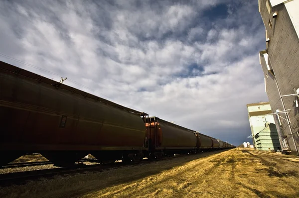 Tren al lado de los antiguos elevadores de grano — Foto de Stock