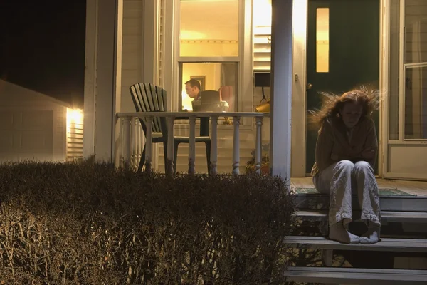 Woman Sitting Outside Of Her House — Stock Photo, Image