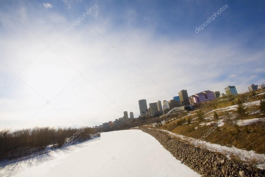 North Saskatchewan River Frozen And Snow-Covered, Edmonton, Alberta, Canada