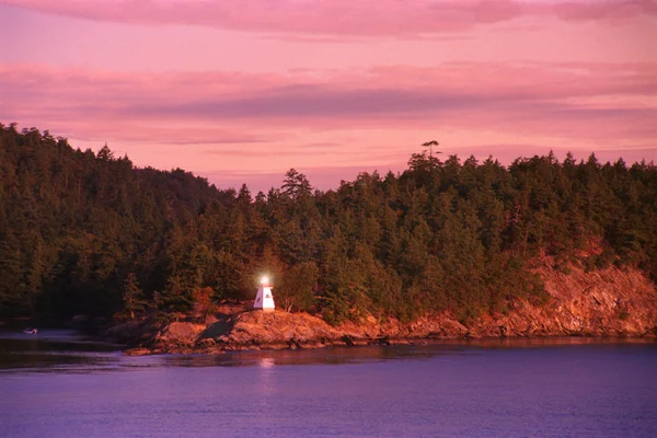 Ağaçlar ve tepenin arkasında küçük deniz feneri — Stok fotoğraf