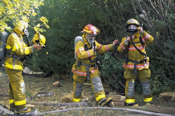 Pompiers mettant de l'équipement — Photo