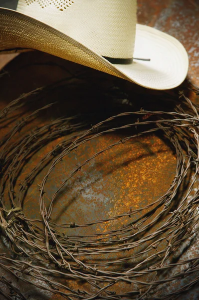 カウボーイ ハットと有刺鉄線の静物 — ストック写真
