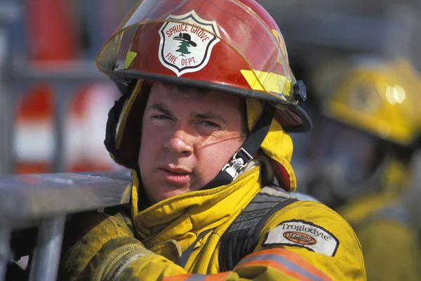 Feuerwehrmann trägt Leiter — Stockfoto