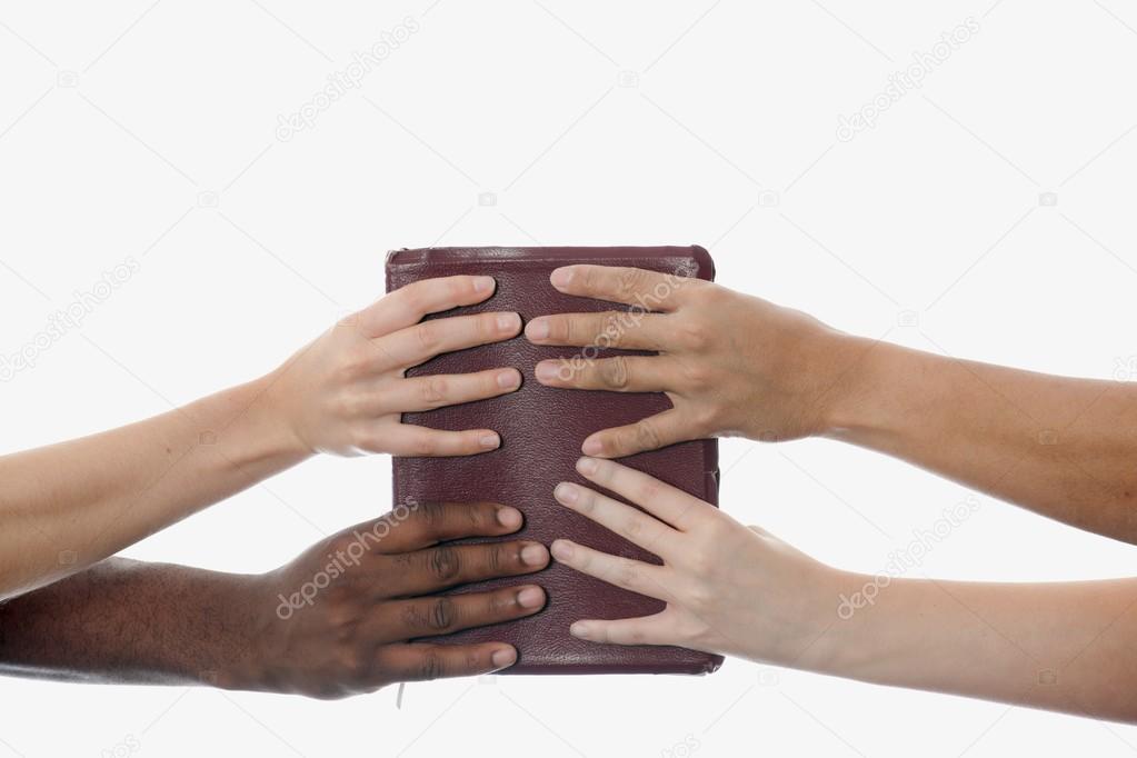 Interracial Hands Holding Up A Bible