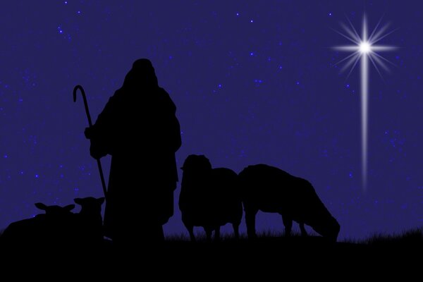 Silhouette Of Shepherd And Sheep With A Bright Star In The Sky