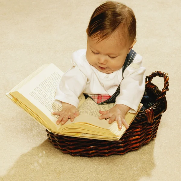 Ребенок читает книгу в корзине — стоковое фото