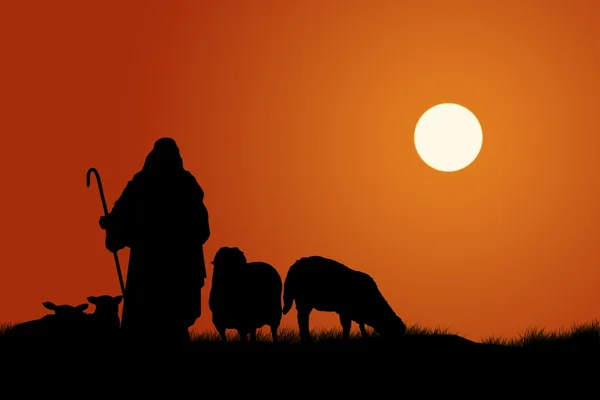 Silhouette Of Shepherd And Sheep — Stock Photo, Image