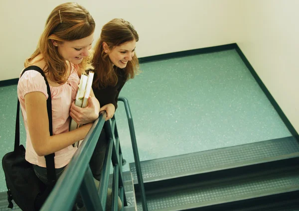 Schüler schauen über Handlauf im Treppenhaus — Stockfoto