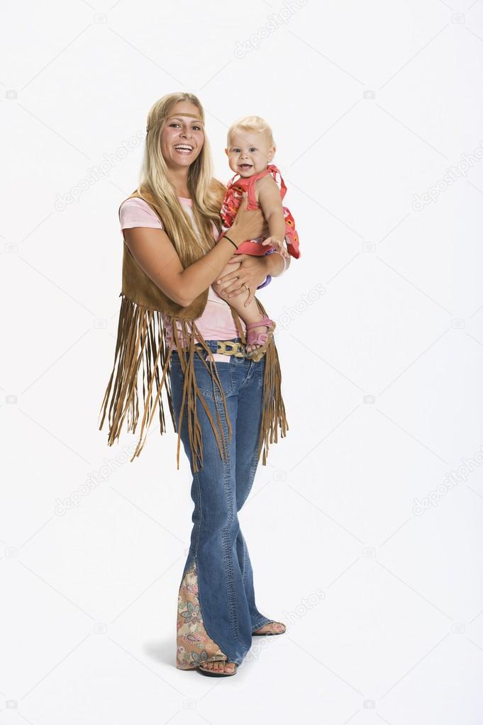 Woman And Baby Dressed In 1970's Clothes