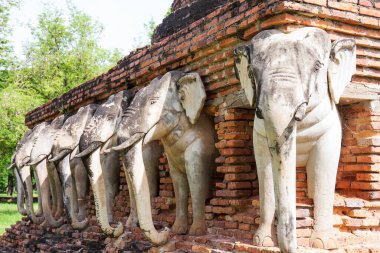 June 6, 2022, Sukhothai : Statue of elephants surrounded pagoda at Wat Sorasak,Temple in Sukhothai Historical Park, Sukhothai province,Thailand.
