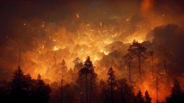 Wildfire soyut arkaplan vektör illüstrasyonu kavramı. MidJourney AI ile üretilen klasik tarz sanat tasarımı..