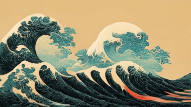 Devasa dalga soyut arka plan vektör illüstrasyonunu kavra. Midney Journey AI ile üretilen vintage stil sanat tasarımı.