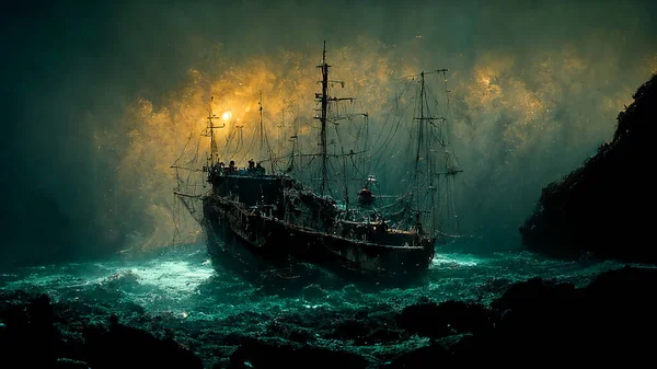 Konsept korsan gemisi soyut arkaplan vektörü illüstrasyonu. MidJourney Al ile üretilen klasik tarz sanat tasarımı..