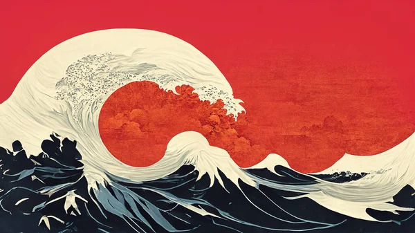 Devasa dalga soyut arka plan vektör illüstrasyonunu kavra. Midney Journey AI ile üretilen vintage stil sanat tasarımı.