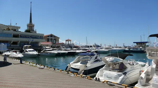 Sochi Krasnodar Territory Russia 2021 Boats Yachts Pier Sea Station — Stock Photo, Image