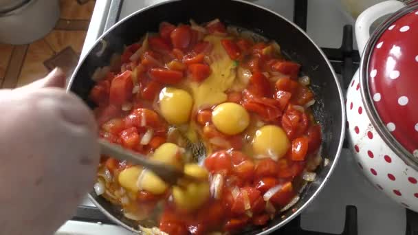 Kobieta Szef Kuchni Frytki Jajecznica Warzywami — Wideo stockowe