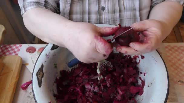 Kobieta Szef Kuchni Obiera Buraki Nożem — Wideo stockowe