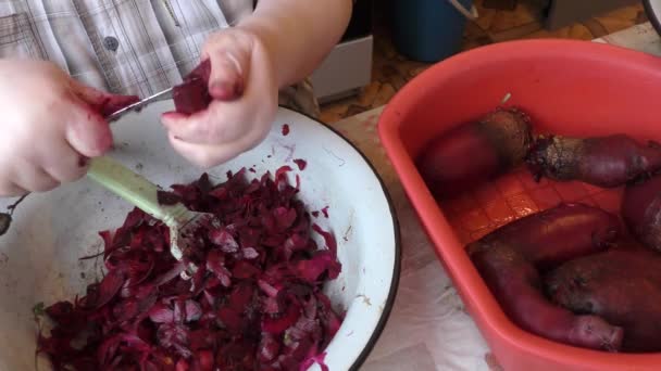 Kobieta Szef Kuchni Obiera Buraki Nożem — Wideo stockowe