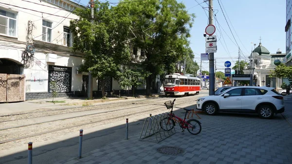 Krasnodar Russland 2021 Straßenbahn Öffentliche Verkehrsmittel Auf Der Straße Der — Stockfoto