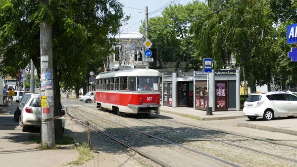 Krasnodar Russie 2021 Tram Transports Publics Dans Rue Ville Krasnodar — Photo