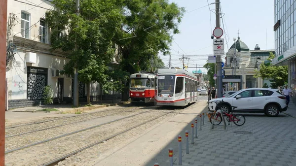 Краснодар Россия 2021 Трамвайно Общественный Транспорт Улице Краснодара — стоковое фото