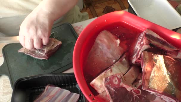 Chef Cuts Deer Meat Knife — Stock Video