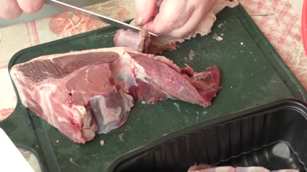 Chef Cuts Deer Meat Knife — Stock Video