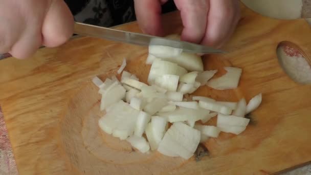 Szef Kuchni Kroi Cebulę Nożem — Wideo stockowe