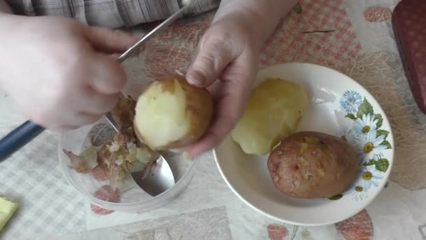 Der Koch Schält Die Gekochten Kartoffeln — Stockvideo