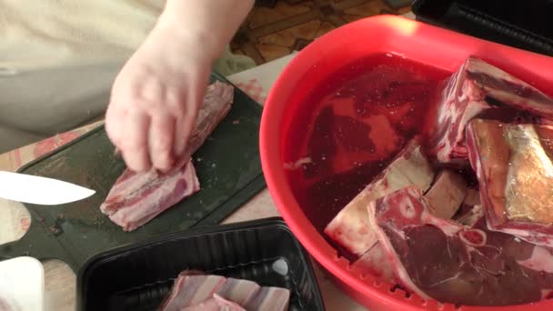 Povr Kroi Surowe Mięso Jelenia Nożem — Wideo stockowe