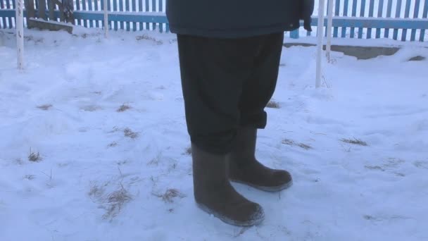 Egy Férfi Utcán Télen Filc Csizmában — Stock videók