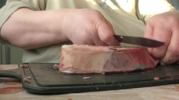 Chef Corta Carne Veado Com Uma Faca — Vídeo de Stock