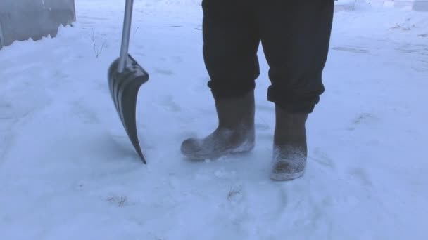 Seorang Pria Malam Hari Jalan Dengan Sekop Untuk Membersihkan Salju — Stok Video