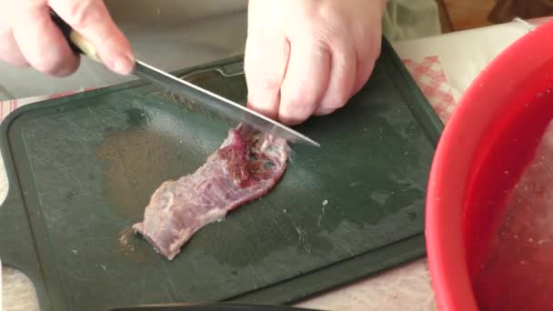 Szef Kuchni Kroi Surowe Mięso Jelenia Nożem Dziczyzną — Wideo stockowe