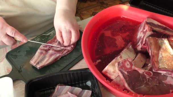 Chef Cuts Raw Deer Meat Knife Venison — Vídeo de Stock