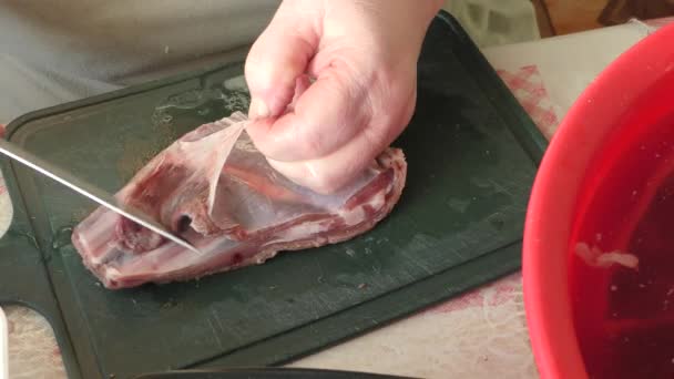 Chef Cuts Raw Deer Meat Knife Venison — Stockvideo