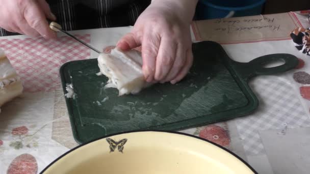 Chef Cuts Cod Fish Knife — Stockvideo