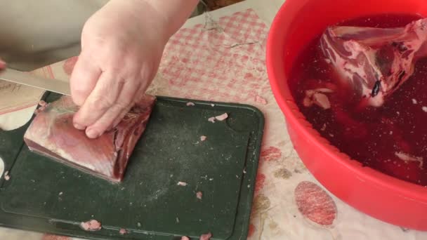 Chef Cuts Venison Knife Raw Deer Meat — 图库视频影像