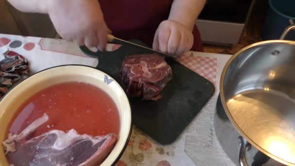 厨师用刀切鹿肉 — 图库视频影像