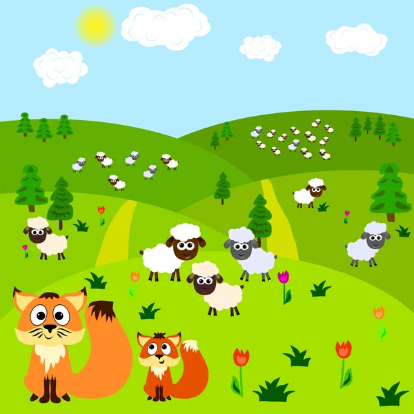 Фон мультфильма с лисой и овцами — стоковый вектор