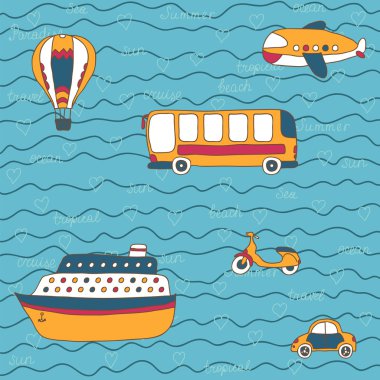 Yaz seyahat tasarım. vektör el çizilmiş taşıma.