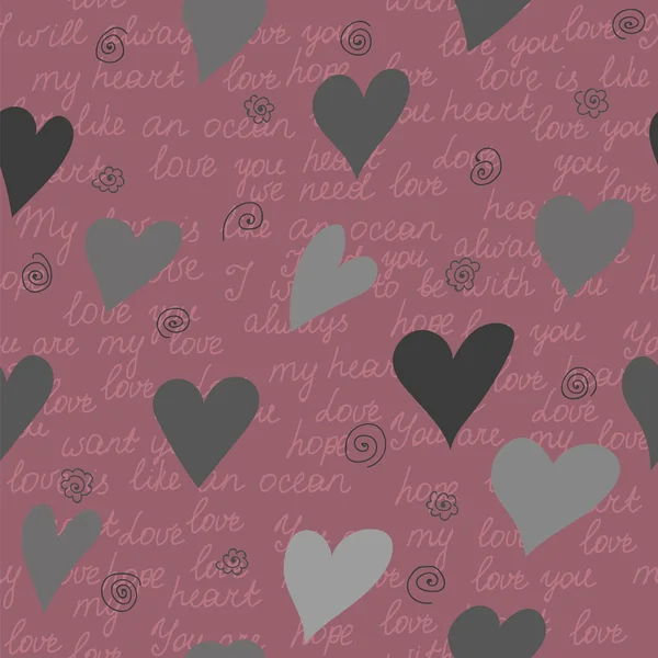Nahtloses Muster aus Herzen und romantischen handgeschriebenen Wörtern i — Stockvektor