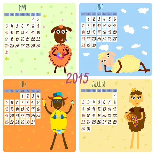 Calendrier 2015 avec moutons drôles. Été — Image vectorielle