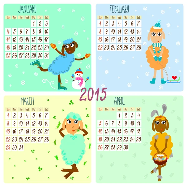 2015 calendar with funny sheep. Winter, spring — Stock Vector