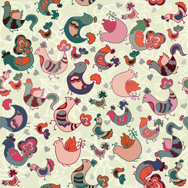 Mignon motif sans couture avec des oiseaux et des cœurs — Image vectorielle