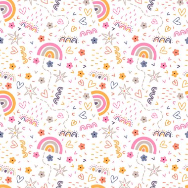 Sevimli İskandinav kusursuz deseni. El çizimi bebek odası tasarımı. Kumaş, tekstil, ambalaj kağıdı ve kumaş için modaya uygun bebek dokusu. Çocuksu bir geçmiş. Vektör illüstrasyonu