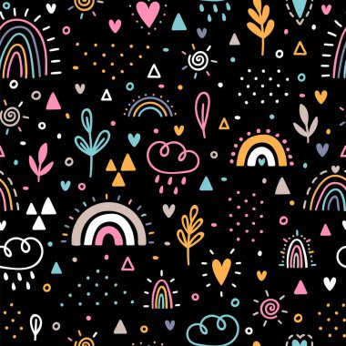 El çizimi pürüzsüz desen. Gökkuşağı ile çocuksu bir geçmiş. Çocuklar için çocuk odası tasarımı. Kumaş, ambalaj kağıdı, tekstil, kumaş için moda. Vektör illüstrasyonu
